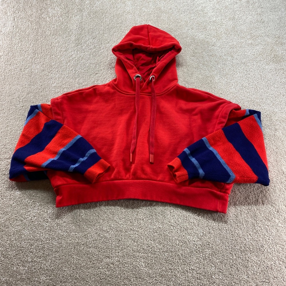 Forever 21 Cropped Hoodie Womens Small Red Striped Knit Sleeve Layered Look